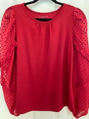 LOFT Red Sheer Polka Dot Puff Sleeve Blouse